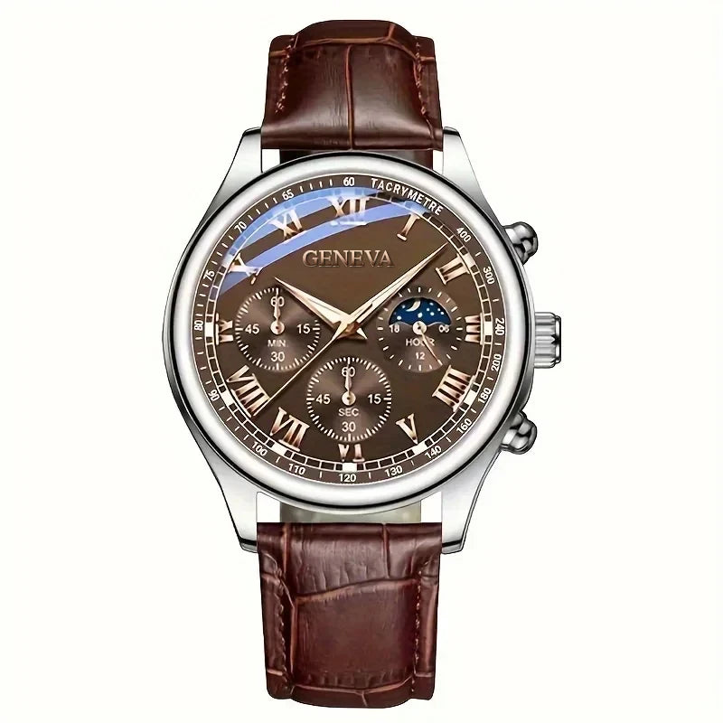 ساعات أعمال رجالية فاخرة  سوار جلد عصري مينا دائري ساعة يد كوارتز تناظرية للرجال Reloj Hombre（بدون علبة）