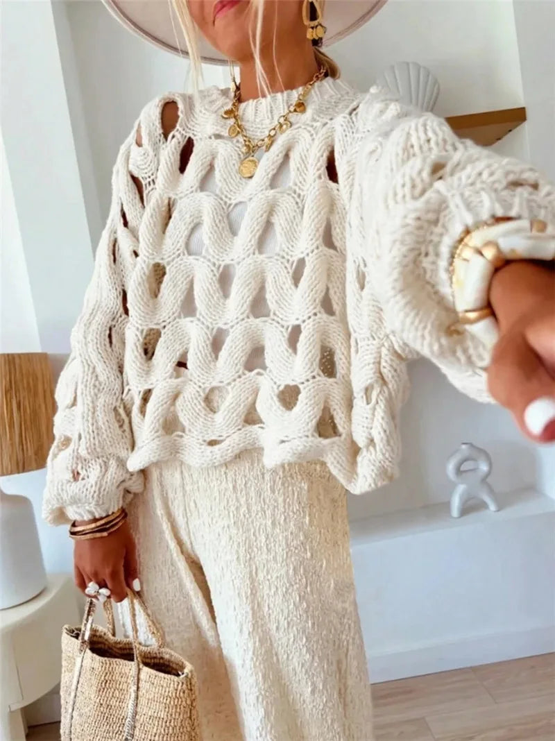 BKLD Ladies' Casual Solid Color Leisure Vacation Beach Hollow Out Crochet Long Sleeve Sweater Pullovers Knitted Tops Women