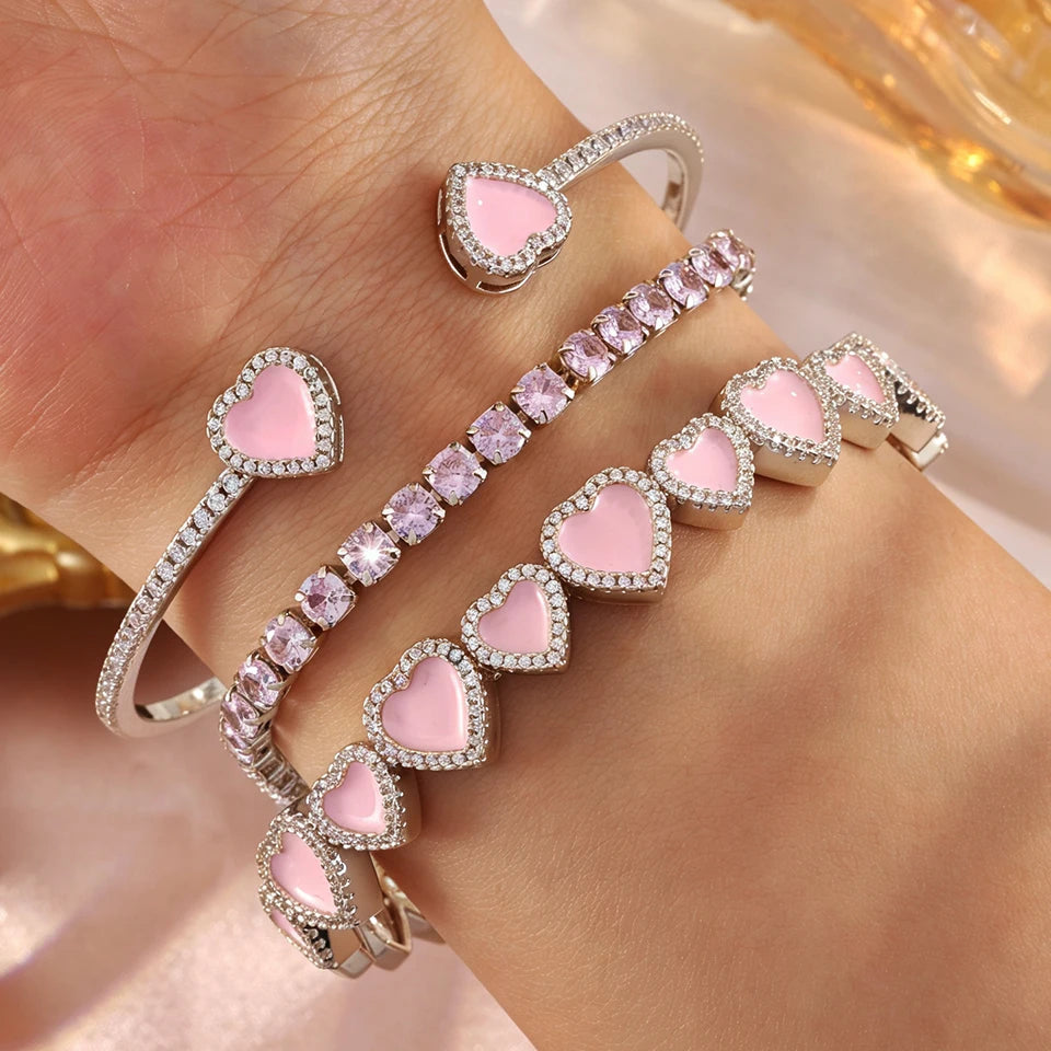 ZAKOL Sweet Fashion Pink Heart Cz Stacking Bracelets for Women Girls Shiny Cubic Zirconia Cuff Bracelet Bangles Jewelry Gift
