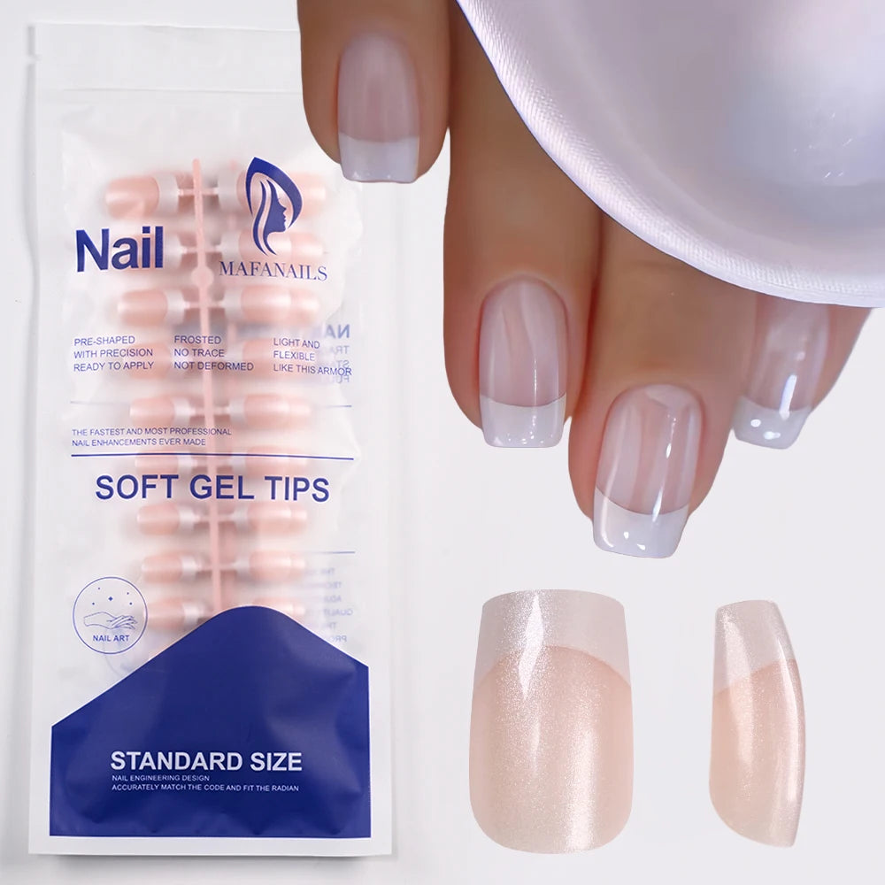 120Pcs French Pearlescent Short Square False Nails Acrylic Full Cover Artificial Press On Nails Glossy Fake Nails Extension