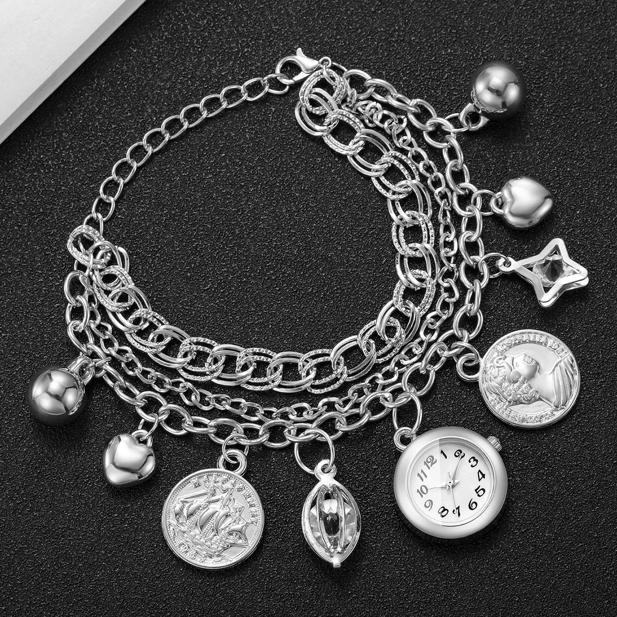 Fashion Women Silver Multi‑Layer Bracelets Watch Coin Bell Crystal Charm Ladies Quartz Wristwatches Relogio Feminino（Without Box