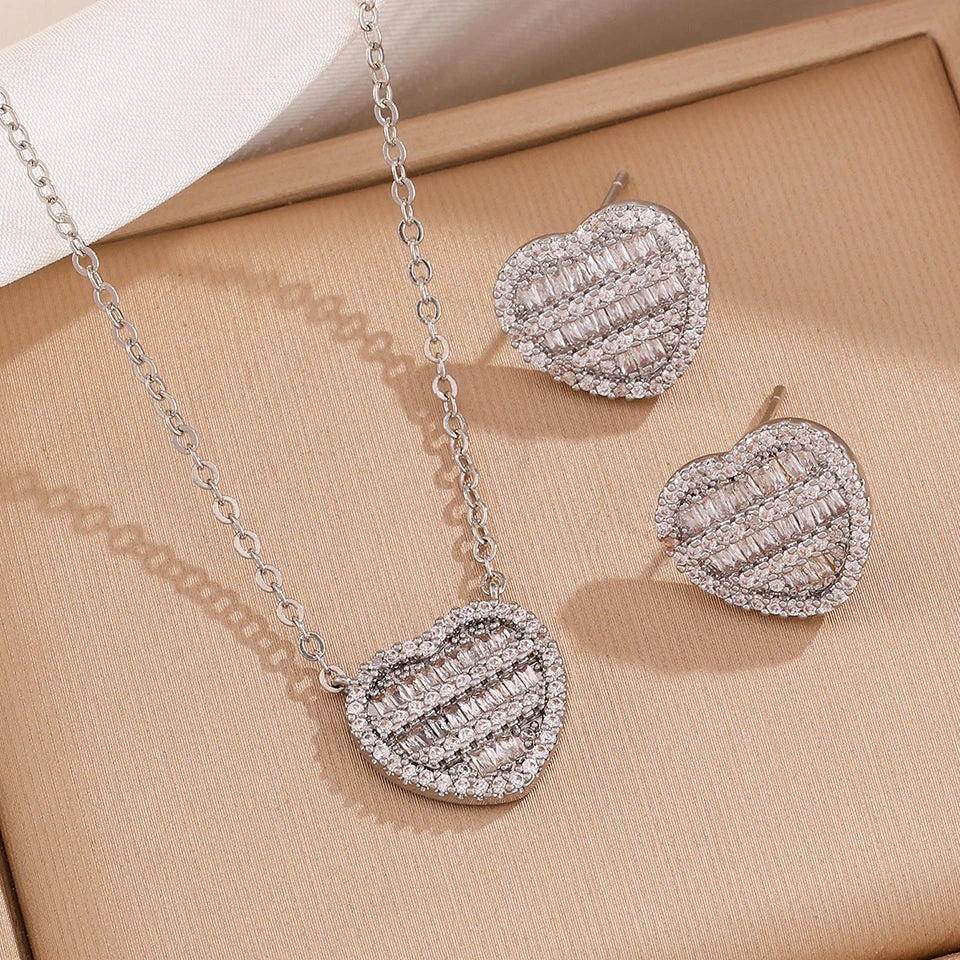 ZAKOL New Iced Out Zirconia Heart Necklace Earrings Set for Women Bling Cubic Zirconia Luxury Wedding Party Jewelry Gift