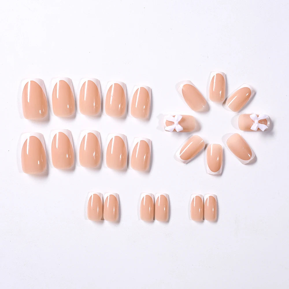 24Pcs White French Press On Nails 3D Bow Design Full Cover Wearable False Nails Short Square Head Ballet Fake Nails For Women