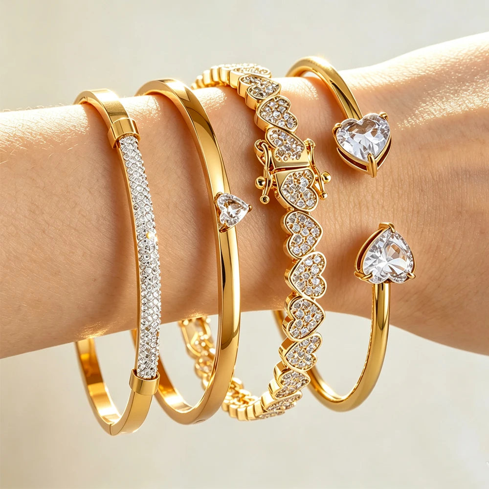 ZAKOL 4/1pcs Fashion Stainless Steel Sackable Bracelets Shiny Heart-shaped Zircon Embellished Bracelet Bangles Charm Jewelry Gif