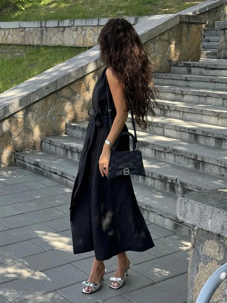 BKLD 2026 Spring Summer New Arrival Sleeveless Shirts Dress Casual Turn-Down Collar Tied Waist Dress Solid Color Women Clothing
