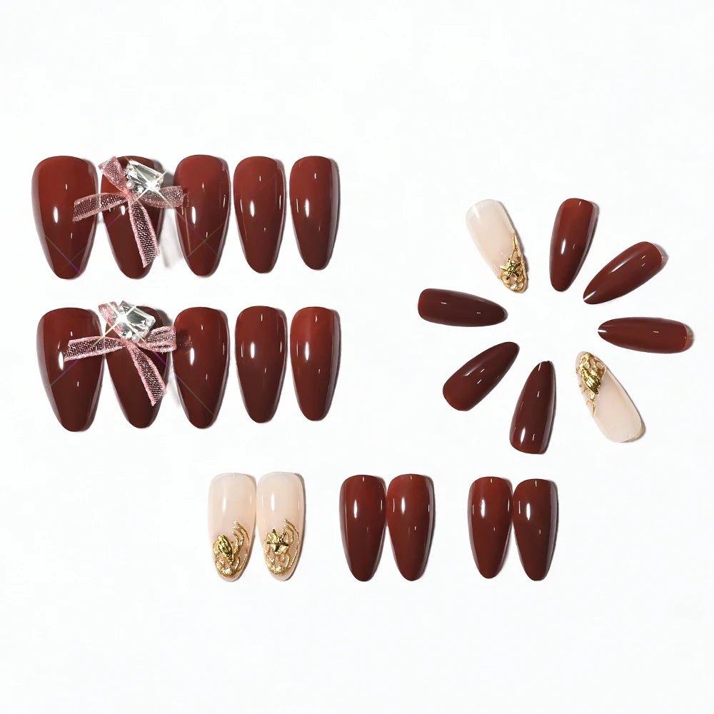 24Pcs Lace Bow Wearable Press on Nails with Diamond Design Red Medium Almond False Nails for Women Full Cover Fake Nail Tips