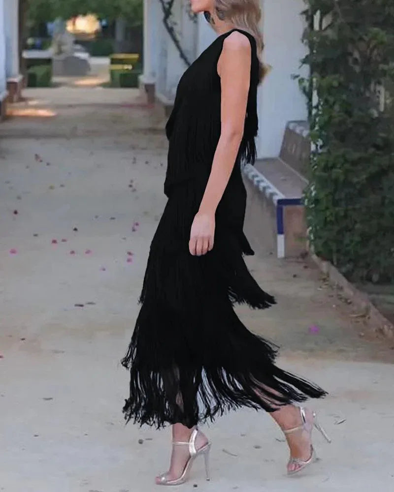 BKLD Solid Color 2026 Spring Summer New Fashion Tassel One Shoulder Sleeveless Asymmetric Dress Clothes For Women Evening Dress