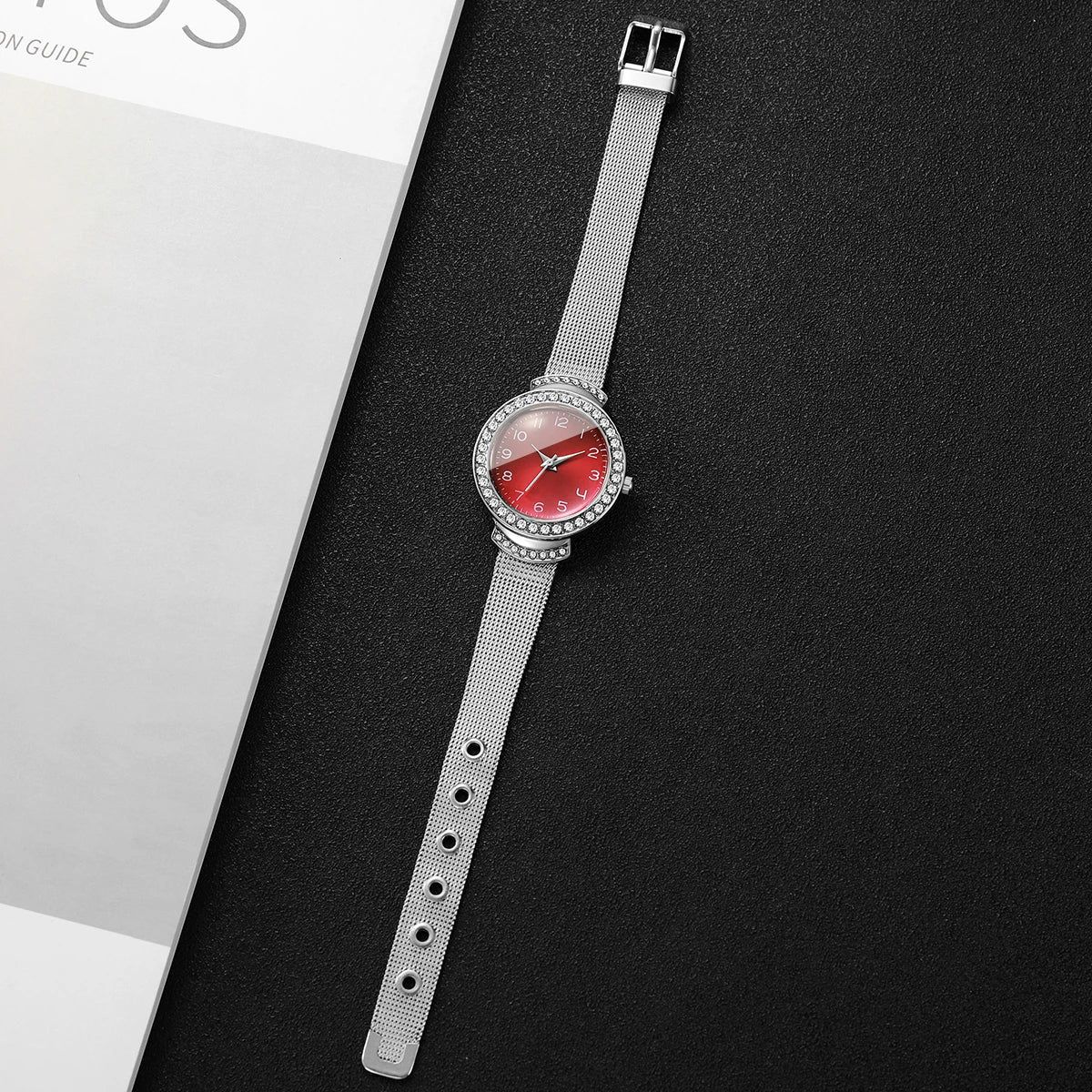 Fashion Rhinestone Red Dial Women Quartz Watch Silvery Mesh Strap Ladies Dress Wristwatches Clock Relogio Feminino（Without Box）