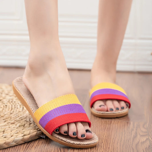 Summer Linen Flat Slippers for Women – Lightweight EVA Home Sandals | شباشب صيفية من الكتان للنساء – صنادل منزلية خفيفة من EVA