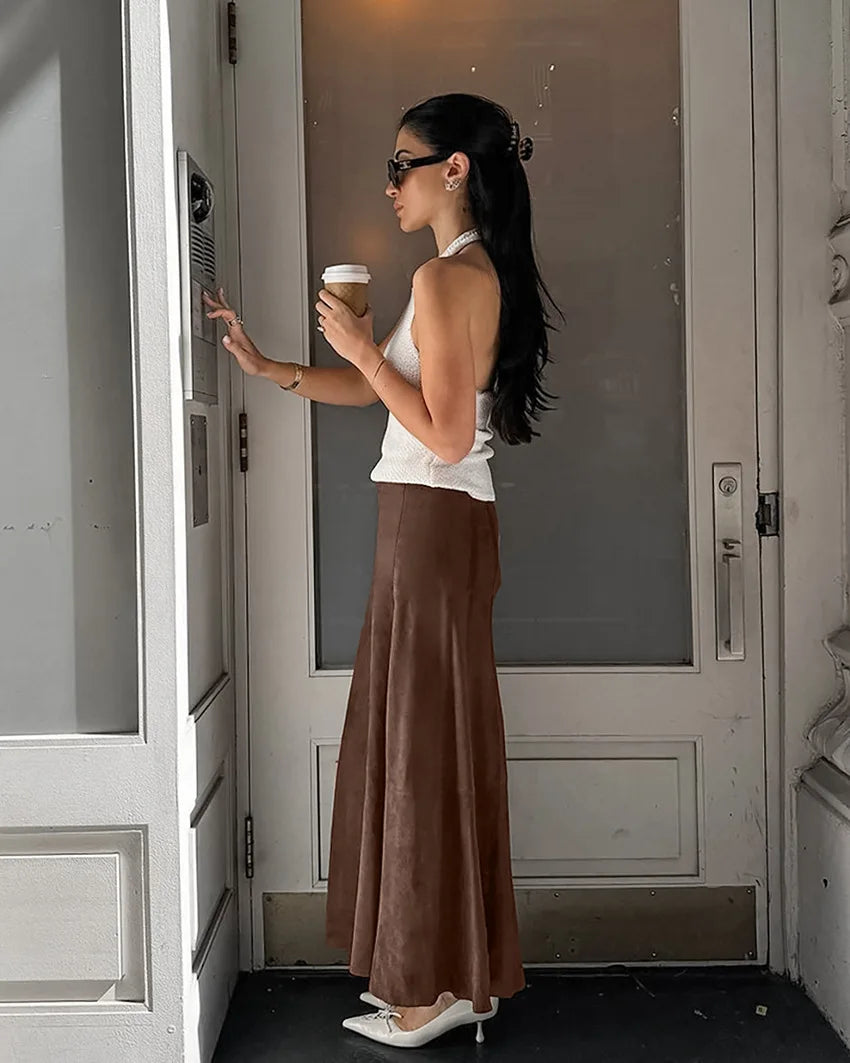 BKLD Autumn And Winter Retro New Fashionable Suede Fabric Brown Slimming High Waist Straight Skirt Casual Long Skirts For Women