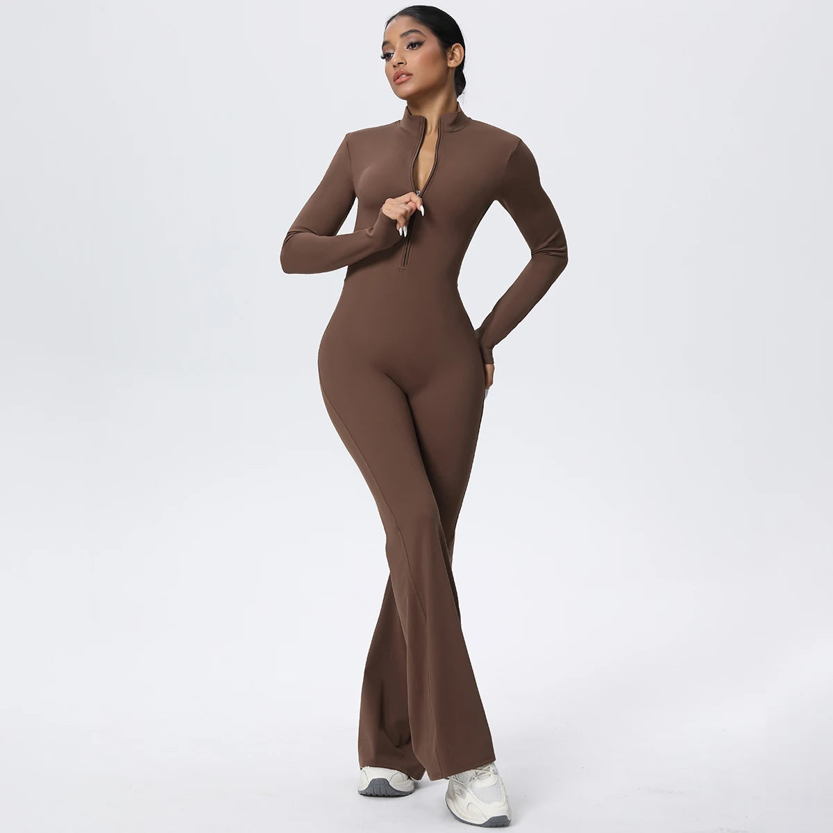 Woman's Fitness Yoga Bodysuit Solid Color Yoga Zipper Long Sleeves Trousers Gym High Strength Exercise Sports Bodysuit Leggings