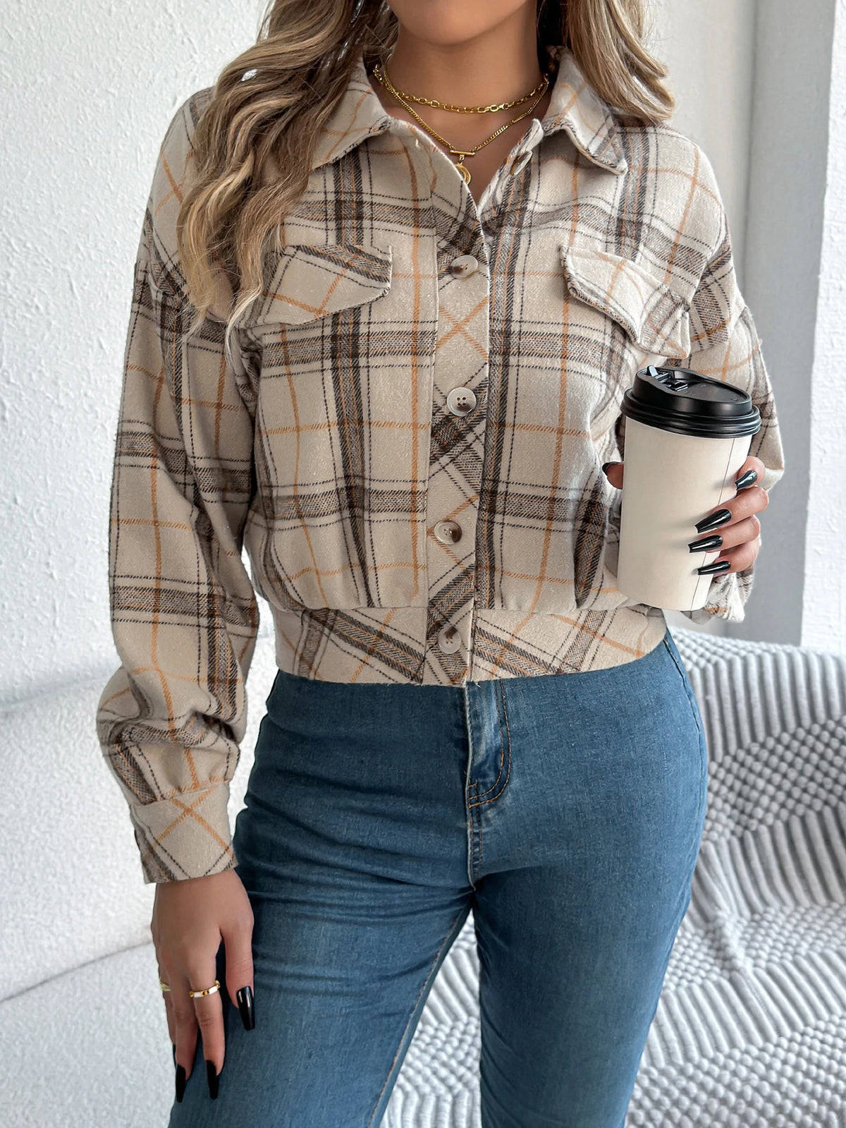 Autumn Winter Casual Plaid Cropped Jacket Lapel Lantern Long Sleeve Single Breasted Woolen Jacket 2026 Fashion Women Clothes