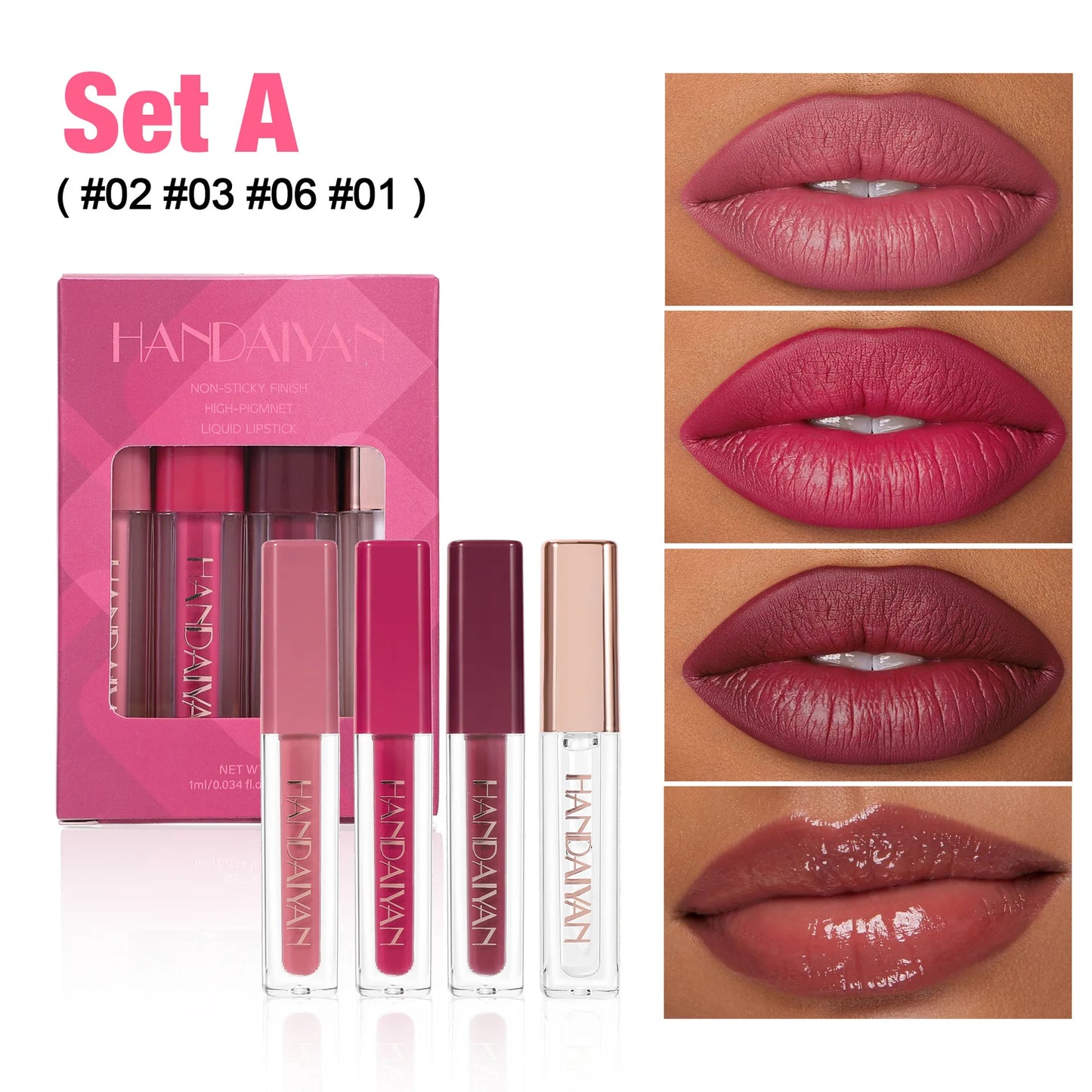 4Pcs Non-Stick Cup Matte Finish Liquid Lipstick Kit Long-Lasting Waterproof Highly Pigmented Clear Lip Gloss Set for Gift Beauty