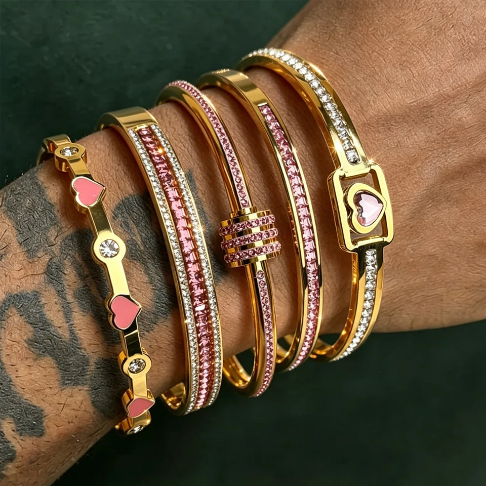 ZAKOL 5/1pcs Fashion Shiny Pink Zircon Inlaid Stainless Steel Bracelets for Women High-end Stacking Bangles Personalized Jewelry