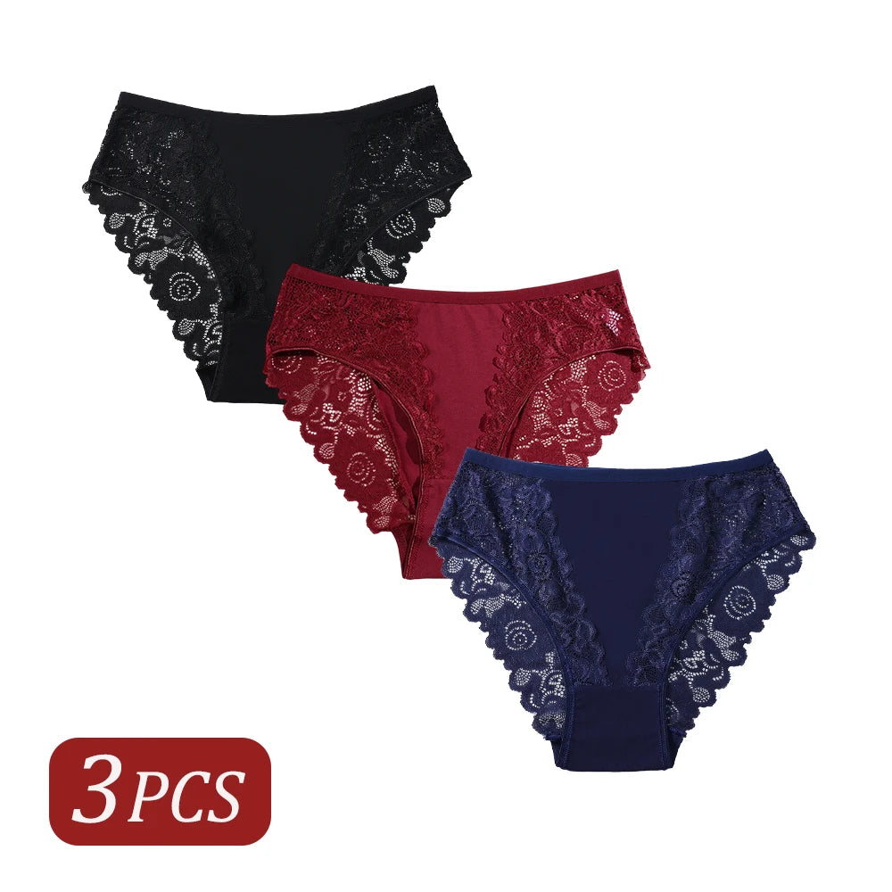 3PCS Elegant Lace Trimmed Lingerie for Women Hollow Out Lace Printed Sexy Briefs Comfort Breathable Mid-Waist Panties Ladies