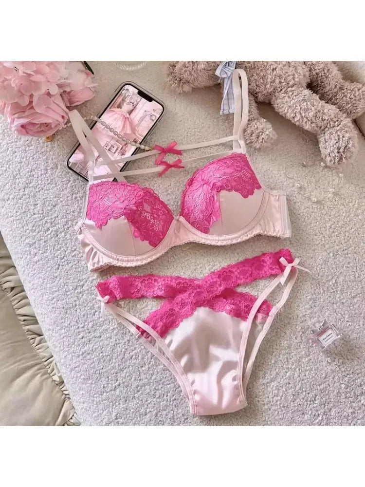 MOYISU Sweet Trap French Bow Bra Set - Wireless Push-Up for Petite Chest, Pure Seduction Lace Bralette with Elegant Ribbon Charm