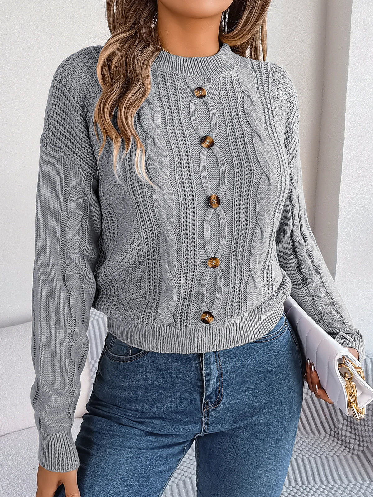 Women's Solid Color Round Neck Buttons Knitted Sweater 2026 Autumn Winter Casual Long Sleeve Pullover White Grey Green Woman Top