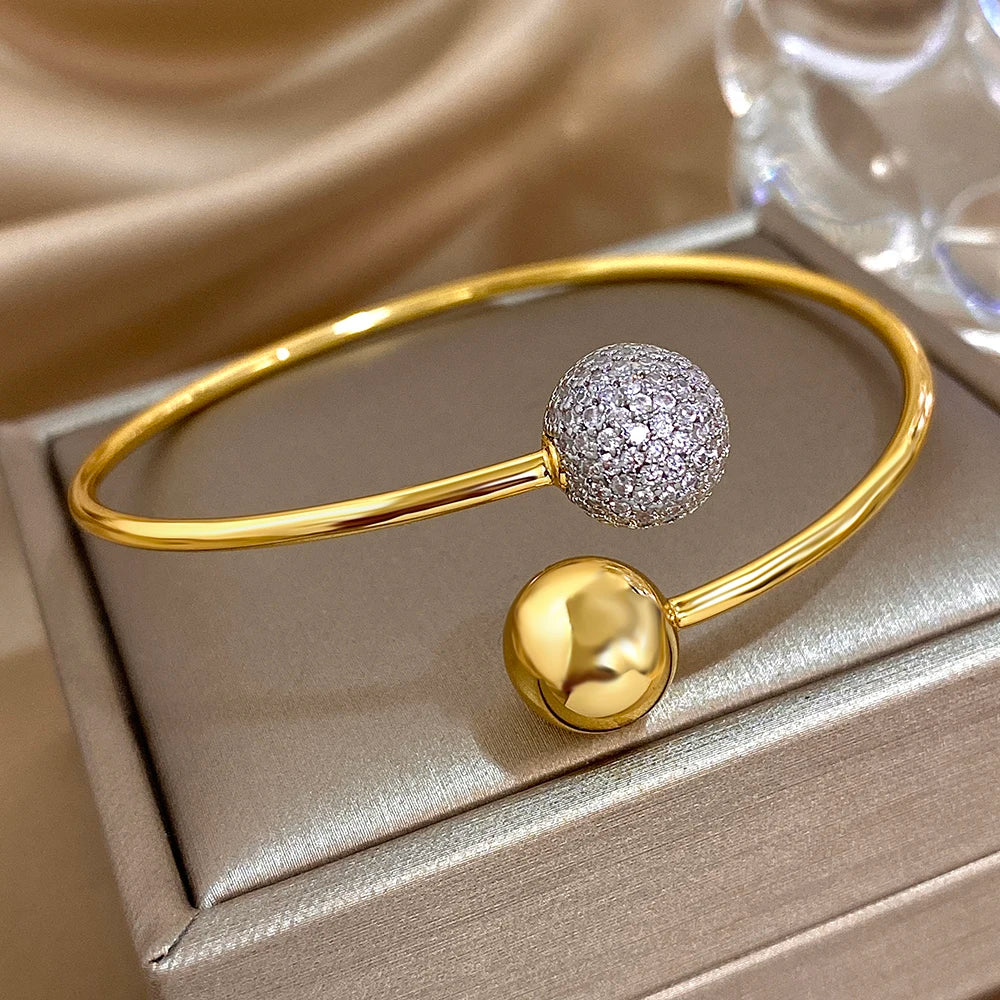 Fashion Design Chic Gold Color Inlaid Rhinestone Ball Stainless Steel Open Bracelet Bangle Statement Jewelry High Quality Gift