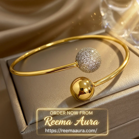 Fashion Design Chic Gold Color Inlaid Rhinestone Ball Stainless Steel Open Bracelet Bangle Statement Jewelry High Quality Gift
