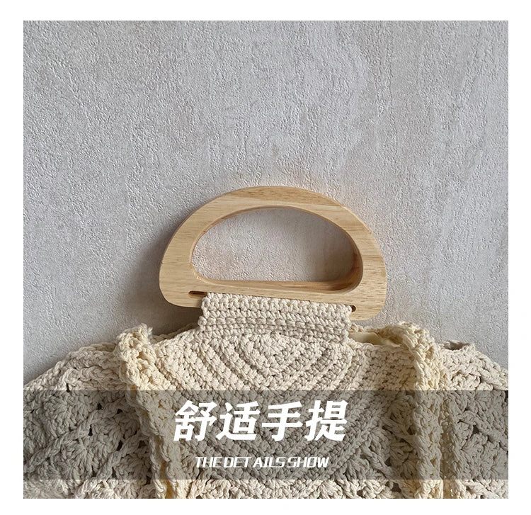 2026 New Retro Fan-shaped Crochet Woven Underarm Bag for Women Ins Style Seaside Vacation Versatile Wooden Handle Shoulder Bag