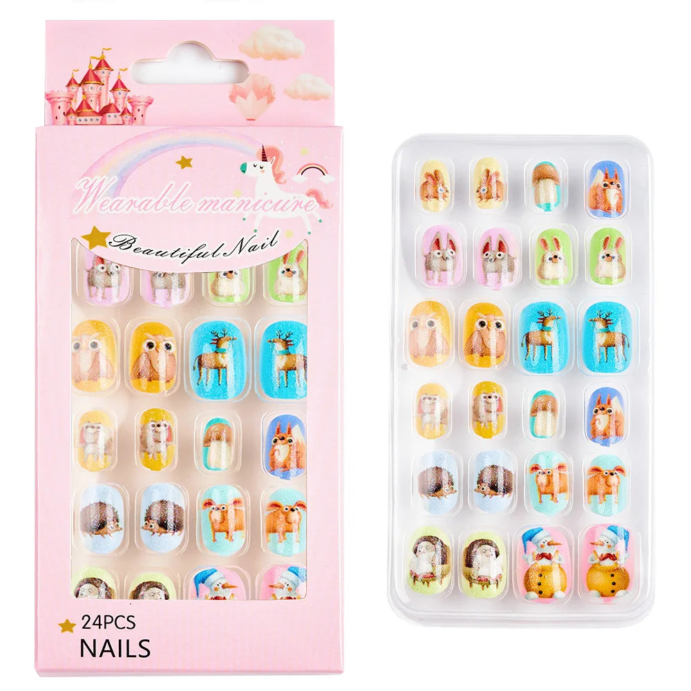 24pcs/box Candy Kids False Nail Cartoon Full Cover Press On Fake Nails Tips Kawaii Acrylic Artificial Fingernails for Girls