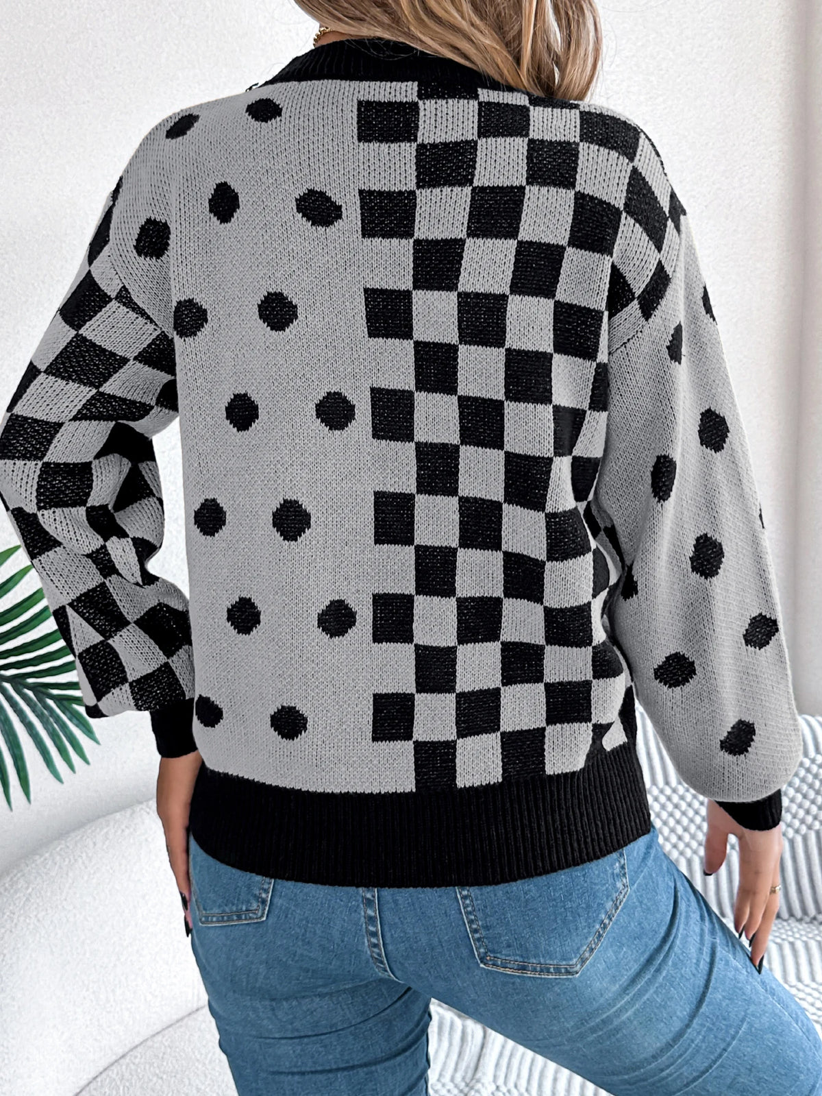  Autumn Winter Casual Contrasting Grid Dot Long Sleeve Knitted Pullover Fashion New Year and Christmas Sweater Women Clothes