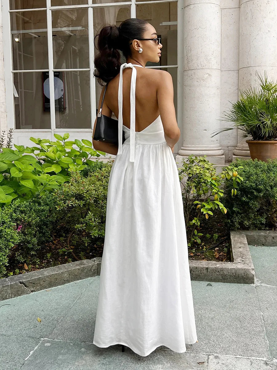 BKLD Pure Cotton Long Dresses 2026 Spring Summer High Waist V-Neck Lace-Up Maxi Dress Party Clubwear Solid Color Women Clothing