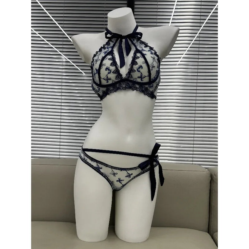Women's Embroidered Ribbon Bow Bralette & Panty Set, Butterfly Mambo Pure Desire Wireless Comfort Bra for Daily Wear MOYISU Sexy