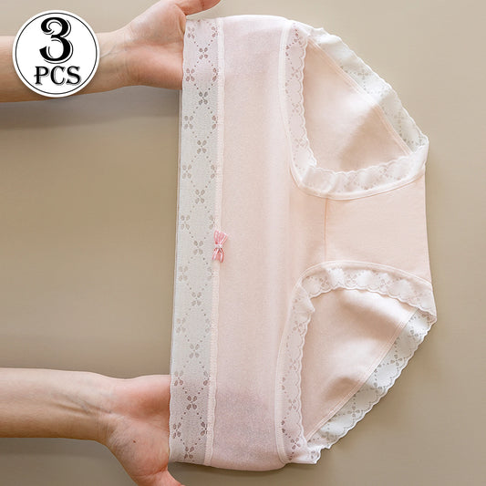 3PCS Japanese and Korean Style Women Girls Underwear Elegant Lace Trimmed Panties Simple Solid Color Breathable Briefs Everyday