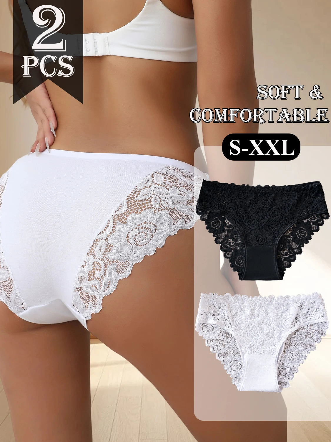 2PCS Classic Elegant Black White Panties Set Women Soft Comfortable Solid Color Cotton Underwear Lace Floral Design Sexy Briefs