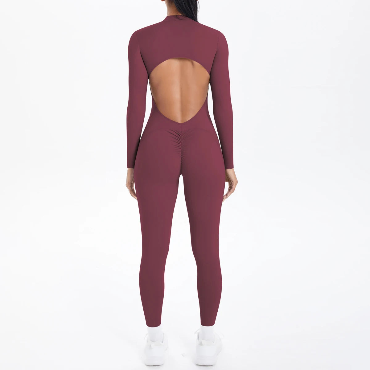 Solid Color Backless Yoga Bodysuits Women's Sportswear Stretch Bodysuit For Women Long Sleeves Jumpsuits Push Up Half Zipper Set