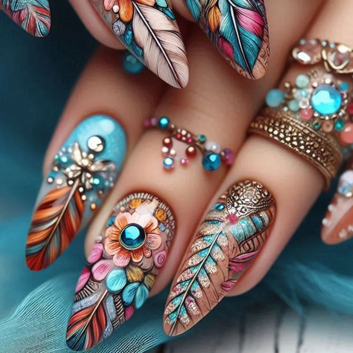 24pcs/set medium long fake nails square ballet nail tips glitters starry sky moon star feather design press on false nail art