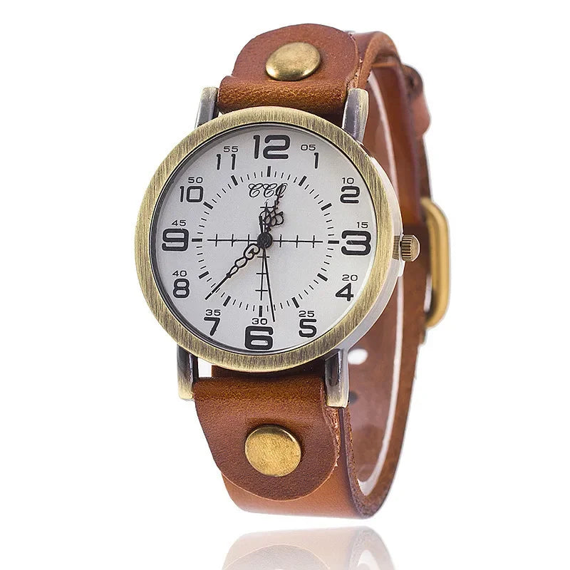 Classic vintage-style unisex watch featuring a genuine leather strap