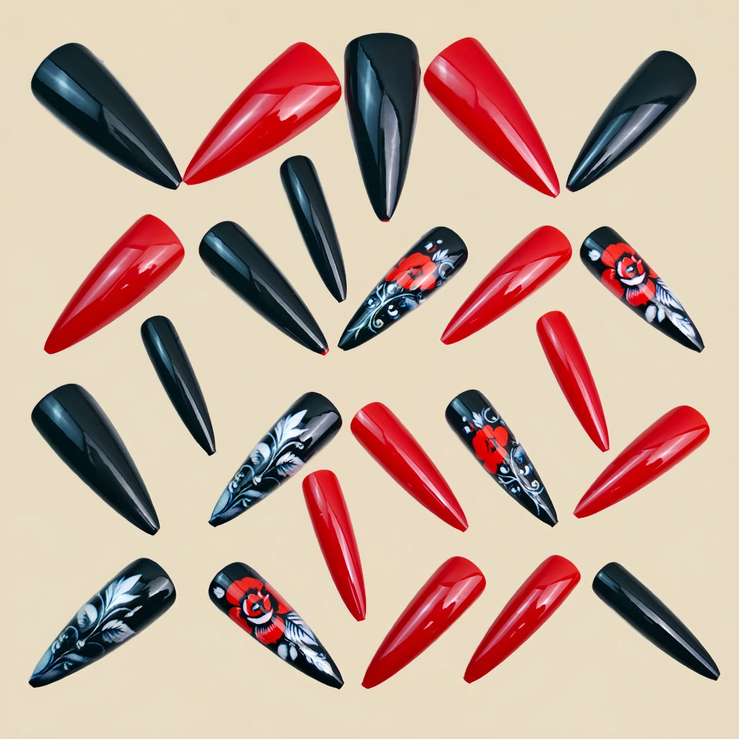 Medium long fake nails for women girl black red rose flowers for Valentine's Day waterdrop almond shape full cover press on nail