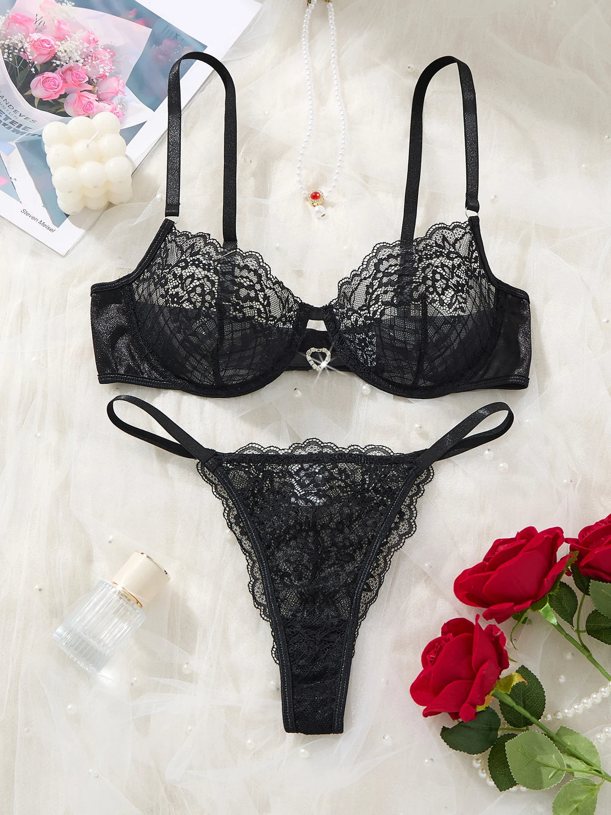 French Style Black Eyelash Lace Bralette and G-string Set - Elegant Sexy Lingerie with Heart Rhinestone Detail for Summer