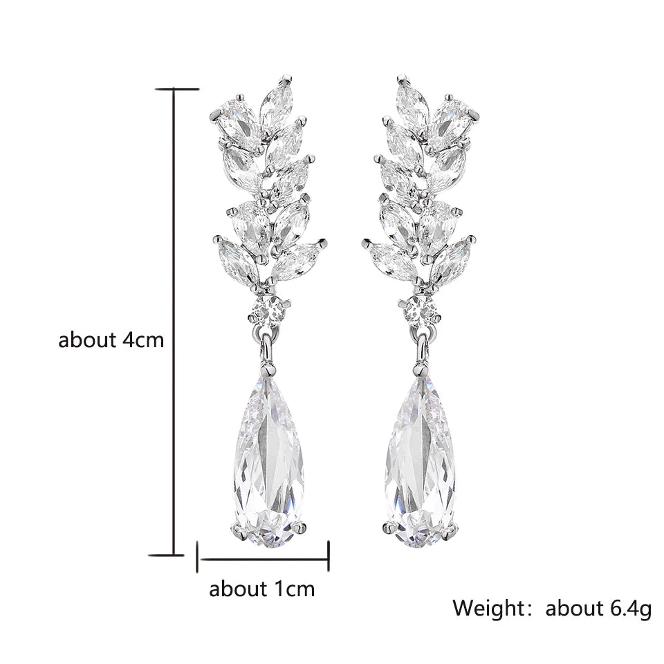 ZAKOL White Zircon Leaf Dangle Earrings for Women Shinny Water Drop Crystal Flower Pendant Earring Bridal Wedding Jewelry