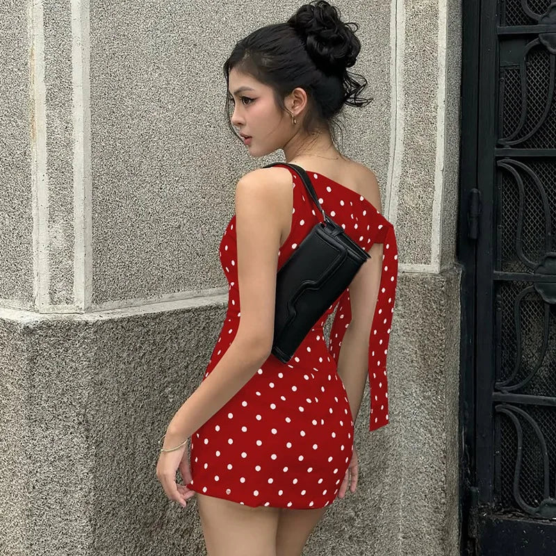 Summer Holiday Sexy Polka Dot Backless Asymmetrical Mini Dresses Strapless Lace-up Sleeveless Slim Fit Dress Vintage Party Dress