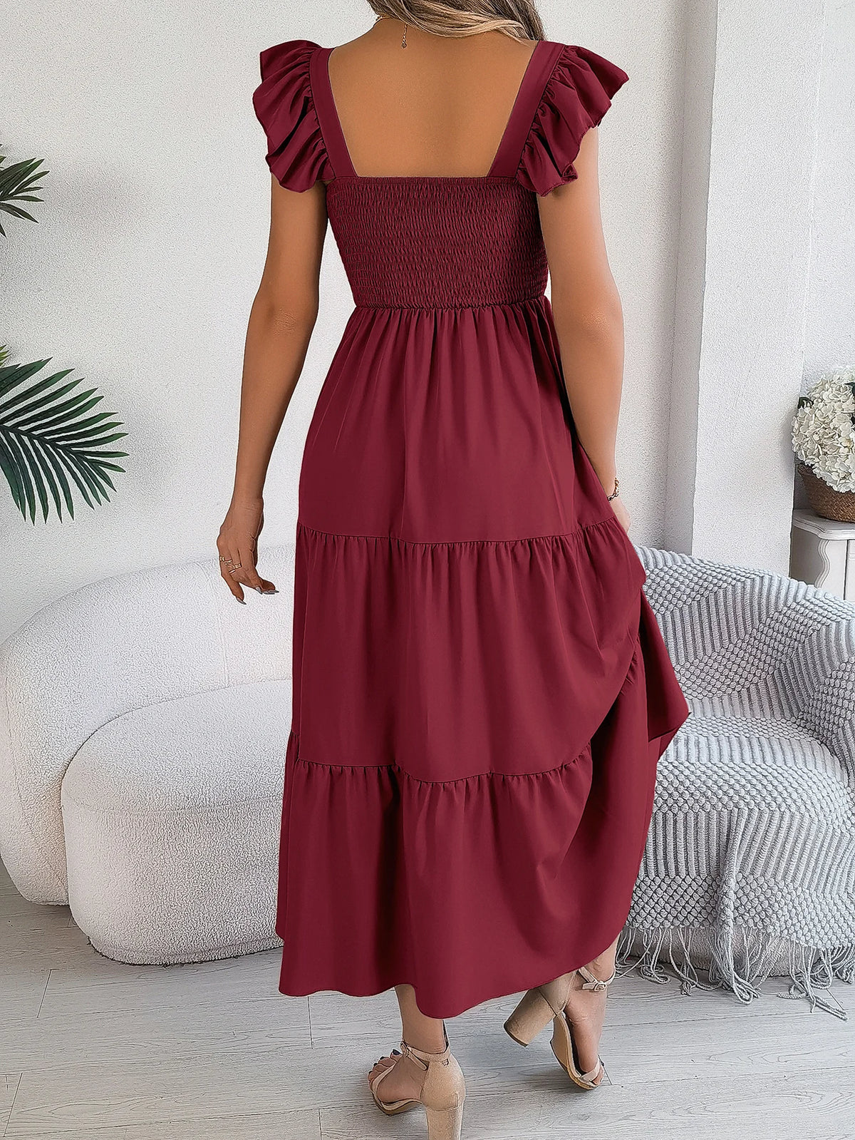 Spring Summer Solid Color Edible Tree Fungus Edge Square Neck Sleeveless Holiday Dress Elegant Long Dresses for Women Rose Blue
