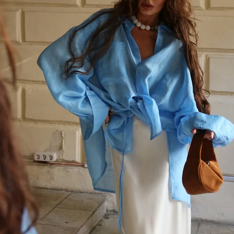 Casual Loose Solid See Through Blue Blouse For Women Sexy Lapel Long Sleeve Classic Shirt 2026 New Autumn Commuter Female Tops