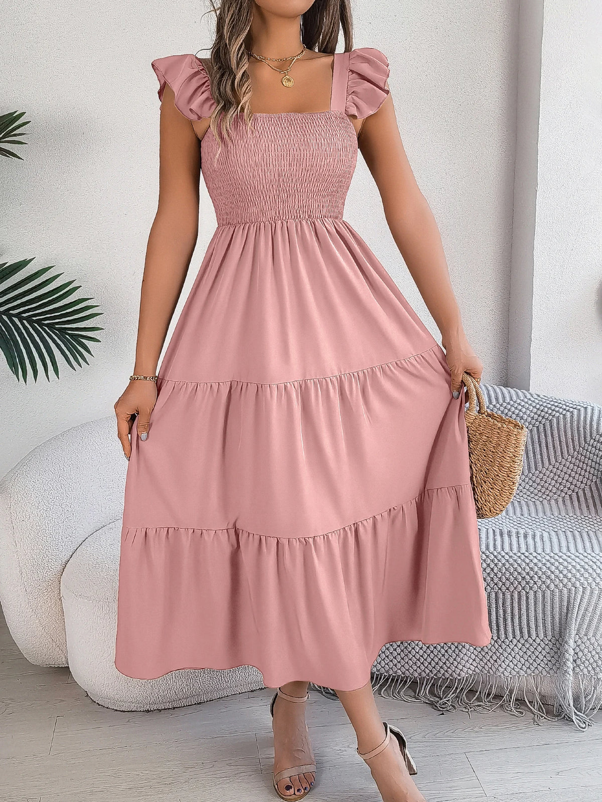 Spring Summer Solid Color Edible Tree Fungus Edge Square Neck Sleeveless Holiday Dress Elegant Long Dresses for Women Rose Blue