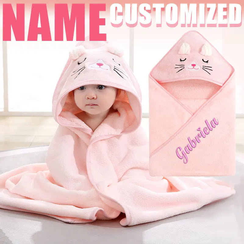 Customized Name Cartoon Animal Baby Bath Towel Soft Newborn Hooded Absorbent Infant Towel with Cap - Baby Shower Gift