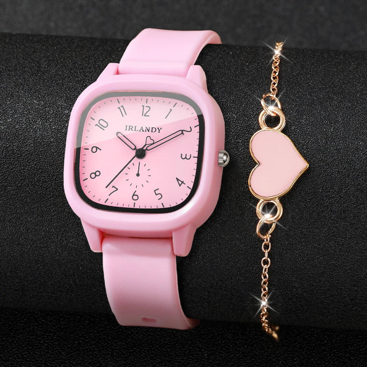 2PCS Fashion Arabic Dial Women Quartz Watch Heart Bracelet Set Square Silicone Strap Wristwatches Relogio Feminino (Without Box)