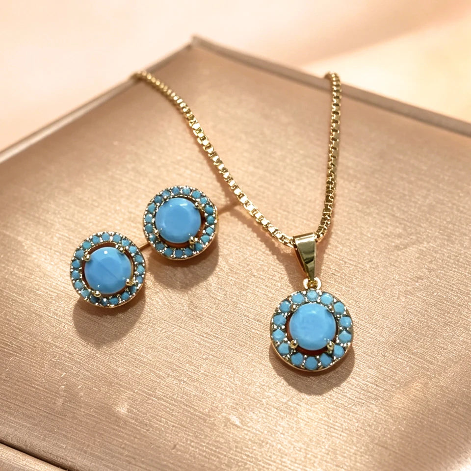 ZAKOL Creative Blue Turquoise Cubic Zirconia Round CZ Stud Earrings Necklace Set for Women Shiny Exquisite Jewelry Gifts