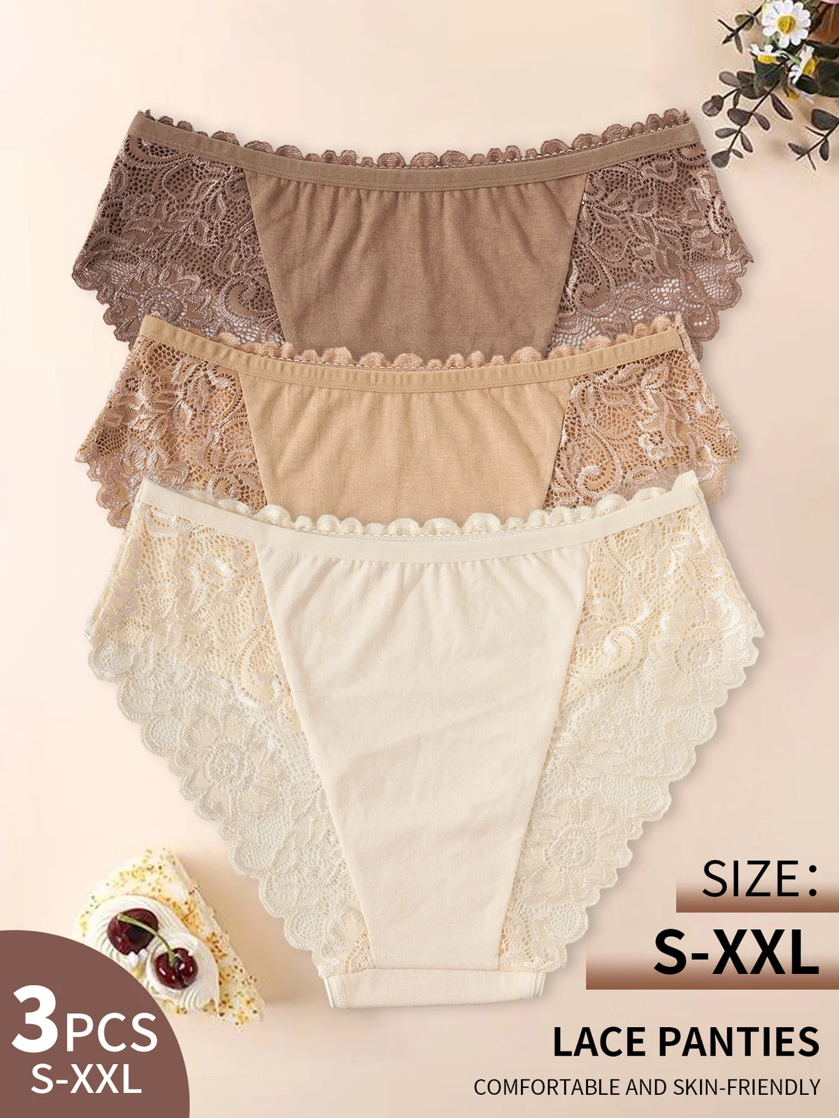 3PCS Semi-Sheer Elegant Lace Floral Design Women's Panties Solid Color Mid Waist Briefs Cotton Lingerie Comfortable Breathable