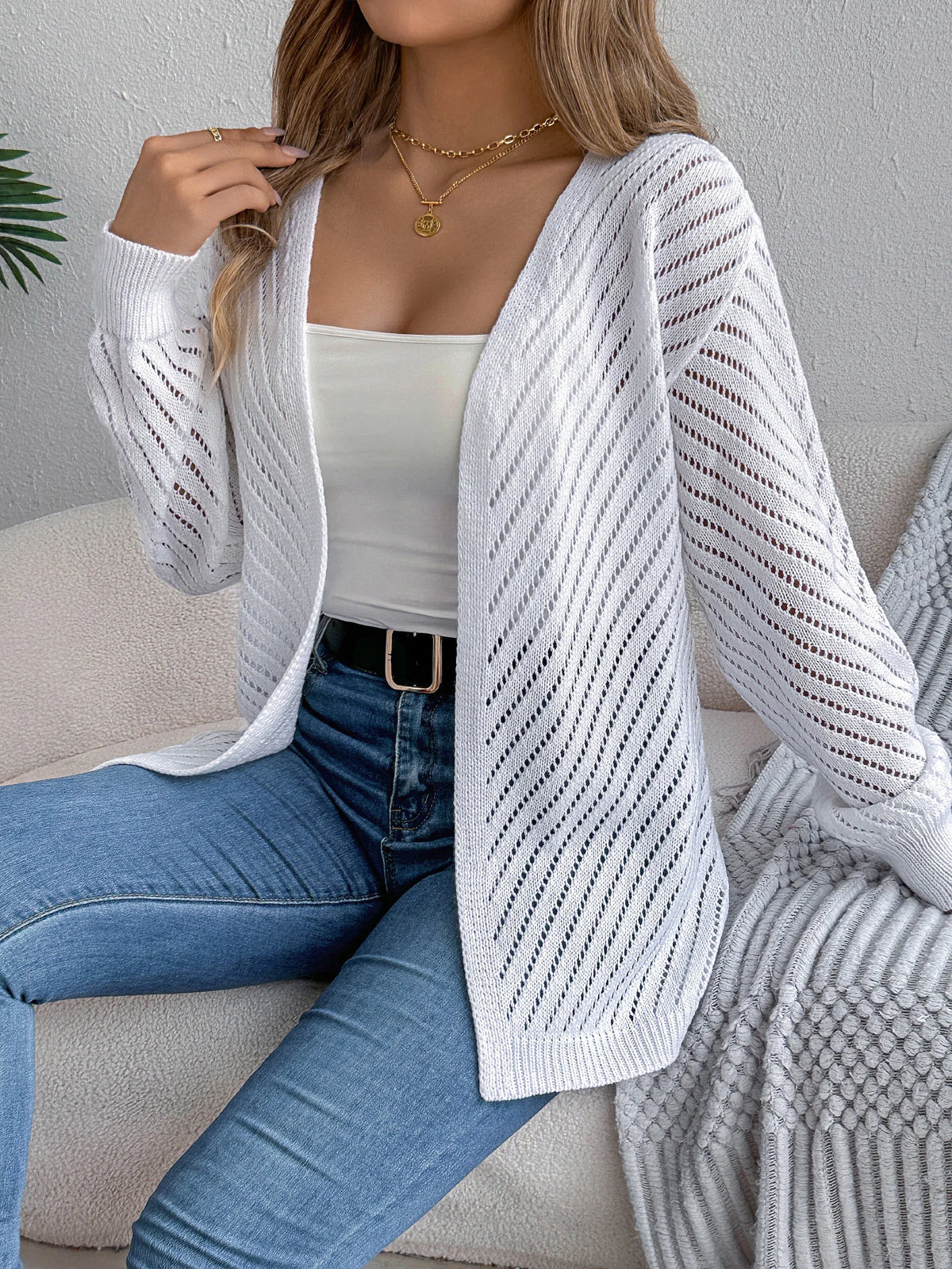 Women Solid Color Knitted Cardigan Sweaters 2026 Autumn Winter Casual Hollow Out Lantern Long Sleeve Coats Khaki White Black