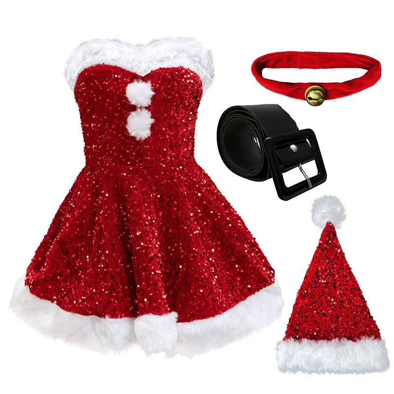 Christmas Atmosphere New Year's Robe Women's Christmas Dress Pink Red Sequined Dress Plush