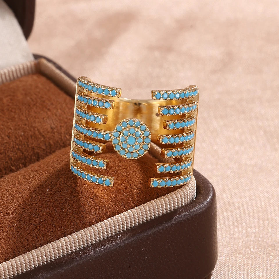 ZAKOL 1pcs Niche Design Blue Turquoise Zirconia Open Rings for Women Creative Luxury Wide Finger Ring Jewelry Gift