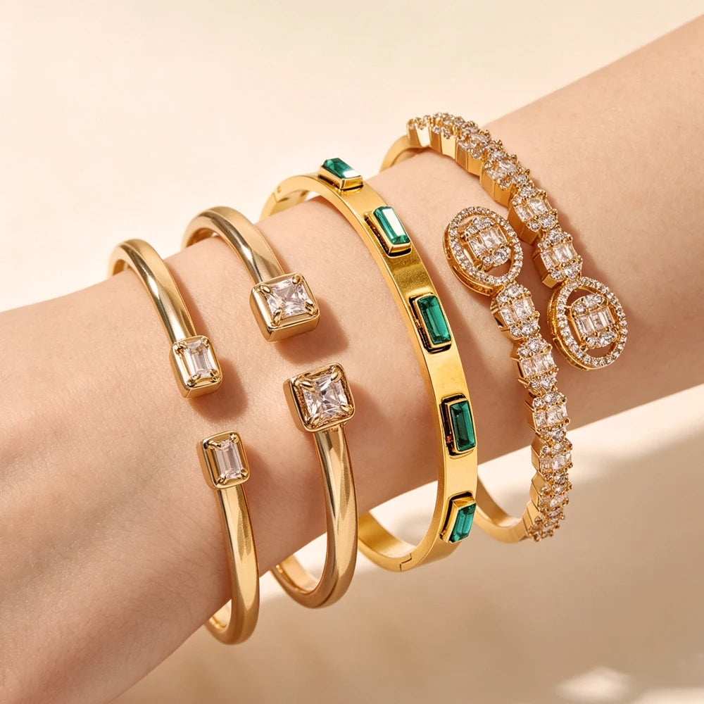 ZAKOL 4pcs Classic Shiny Zircon Inlaid Stainless Steel Copper Stacking Bracelets for Women Men Exquisite Couple Bangle Jewelry