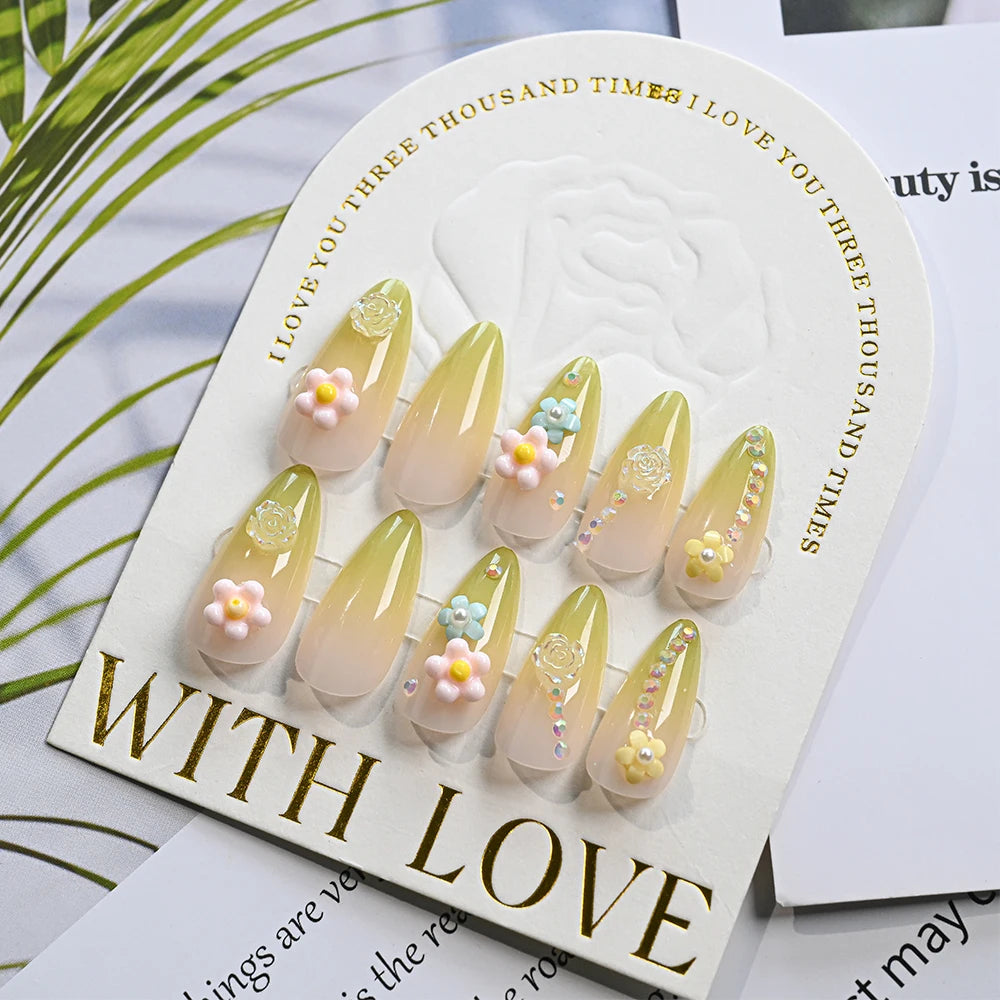 24Pcs Gradient Almond French False Nails Spring Flower Design Full Cover Fake Nails Extension Wearable Press on Nails for Women