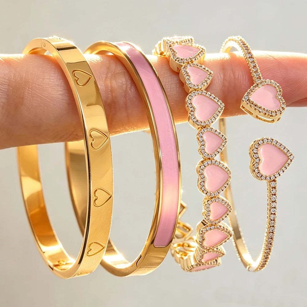 ZAKOL 4 Styles Pink Enamel Zircon Inlaid Heart Stainless Steel Copper Bracelets for Women Sweet Versatile Everyday Accessories